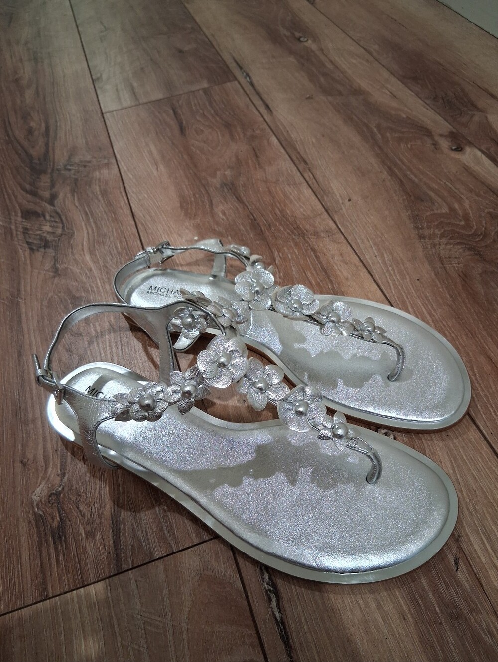 Michael Kors Silver Floral T-Strap Sandals with Ankle Buckle - Picture 2 of 7